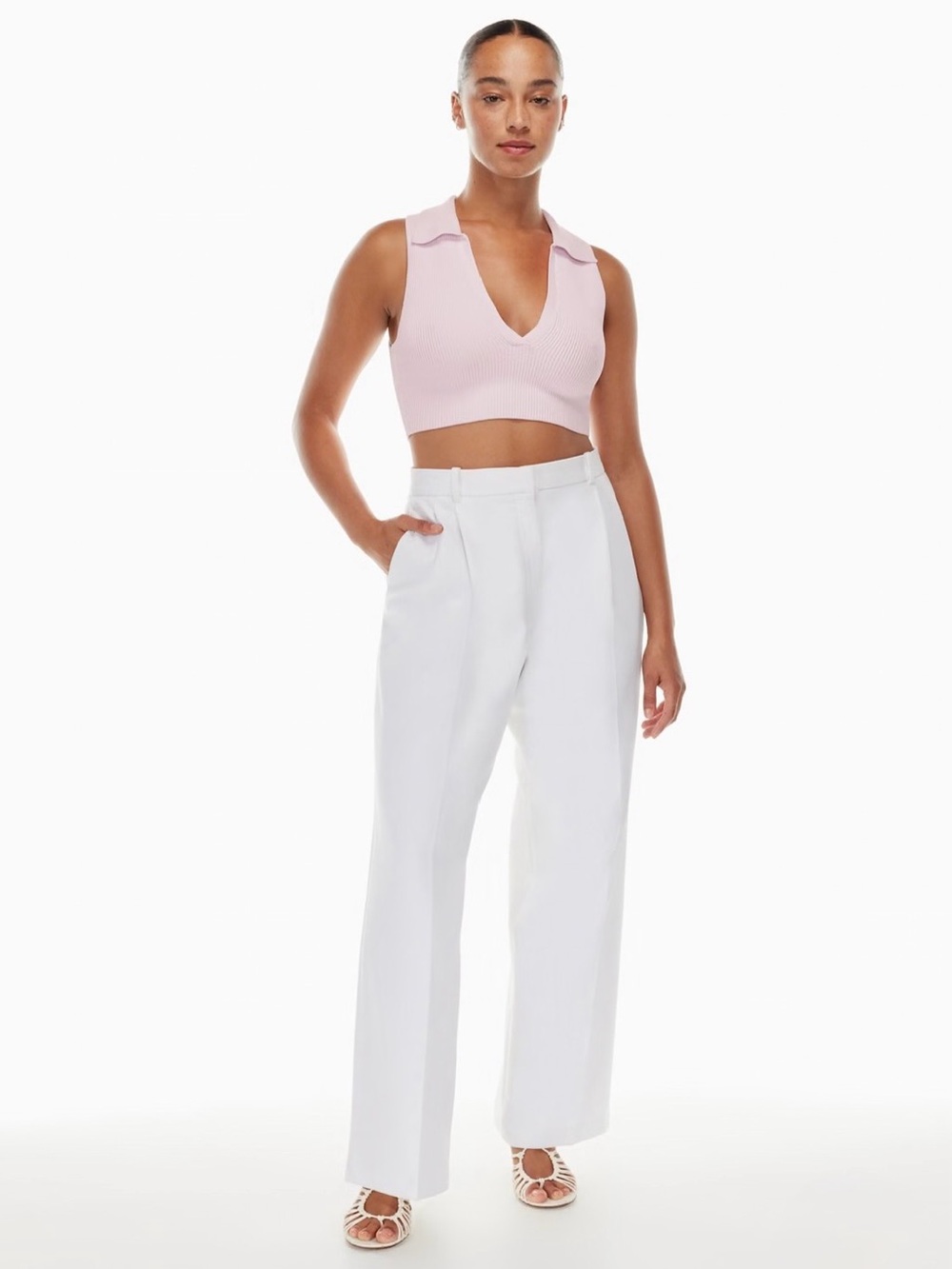 Aritzia Babaton Frosted Lilac Sculpt Knit Ribbed Cropped Polo Top Size XS